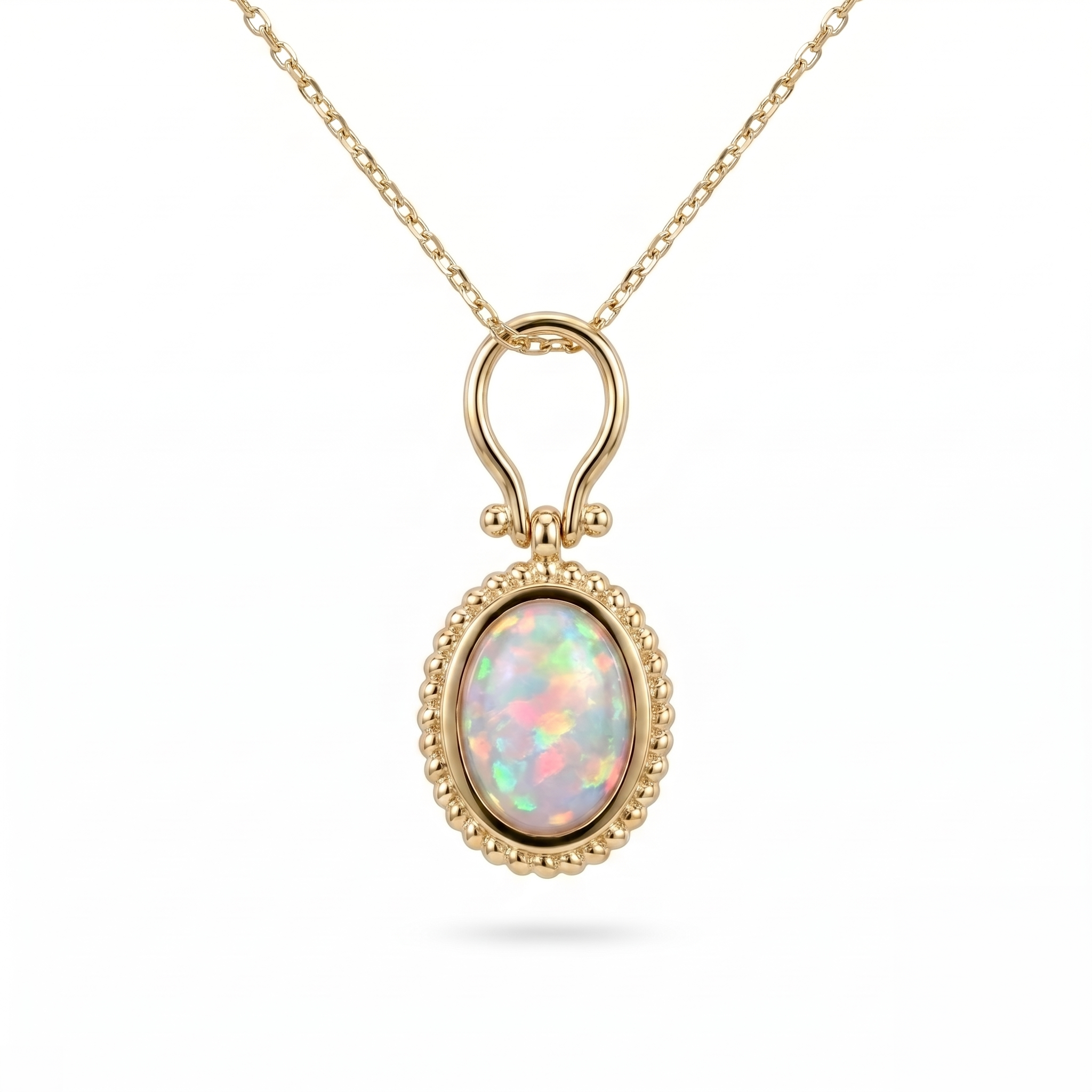 Bezel-Set Oval Opal Pendant with Beaded Border