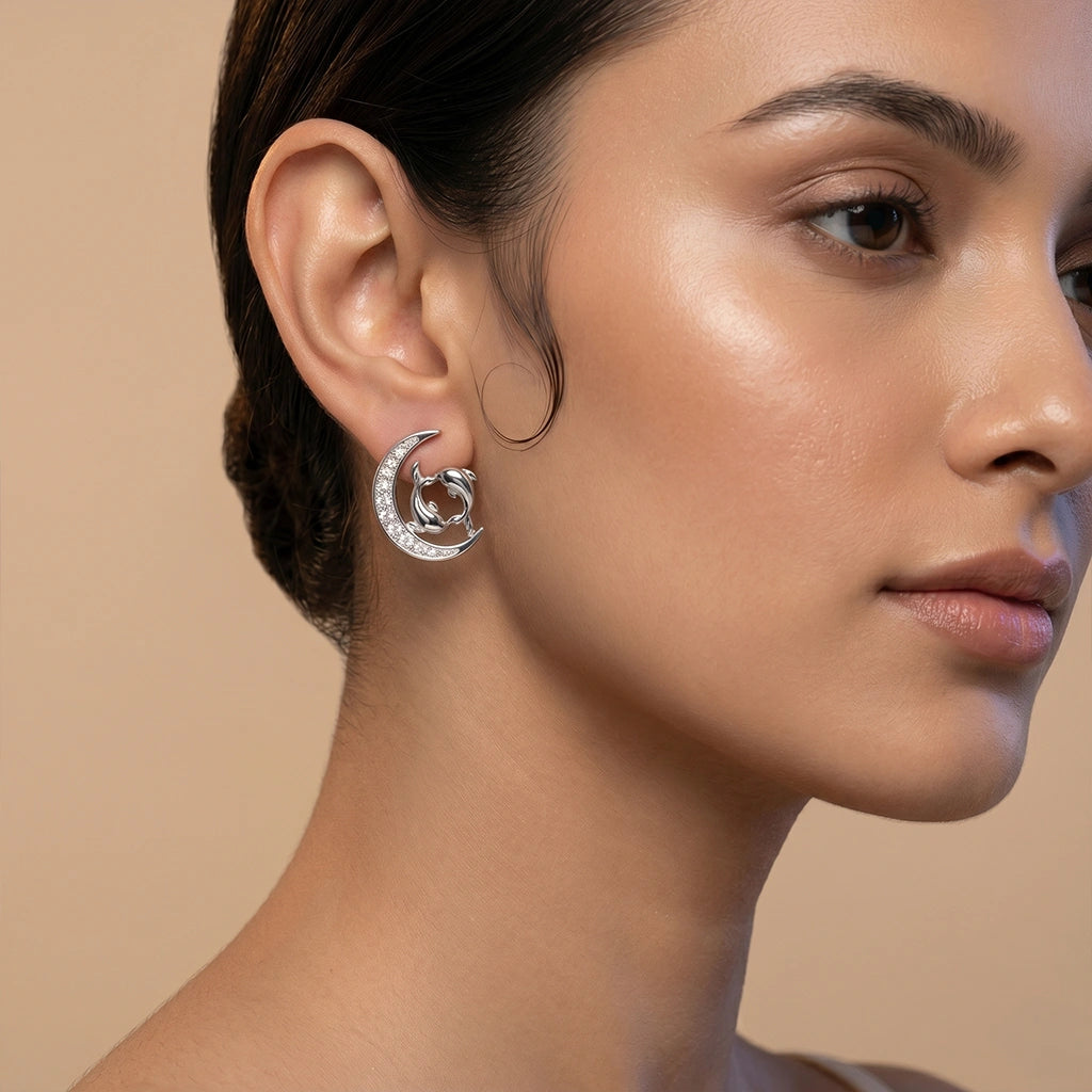 Pisces Crescent Moon Silver Earrings For Women