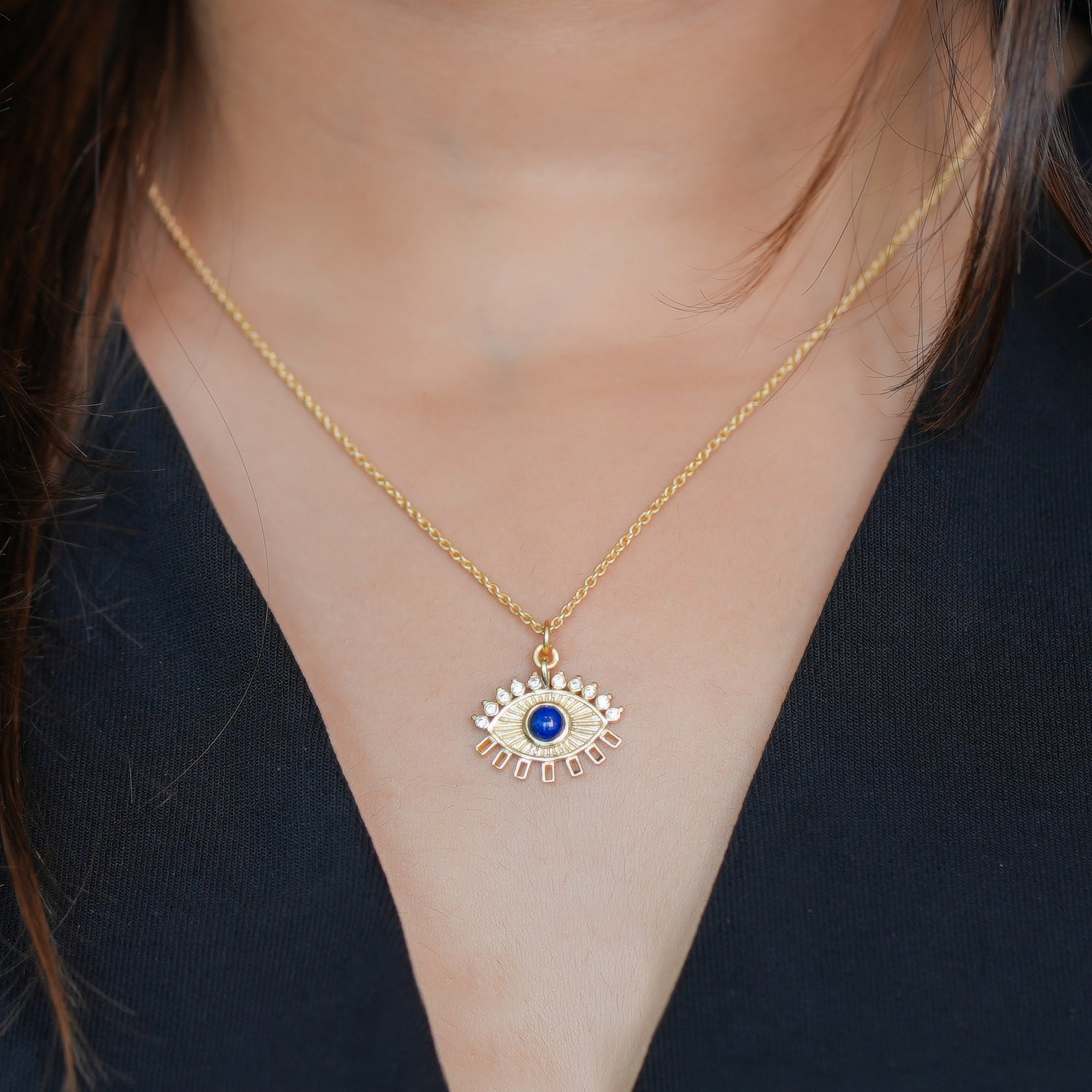 evil eye pendant necklace with lapis and cz wisdom positive energy