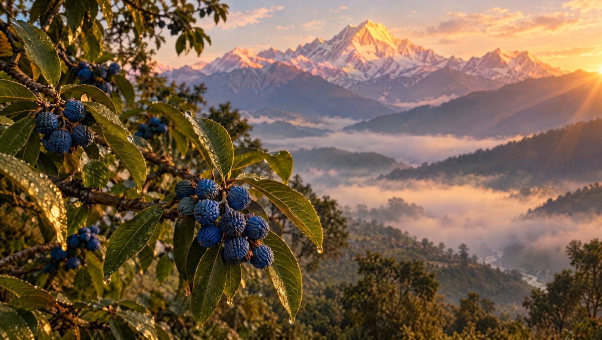Dawn over the Himalayan foothills, with a rudraksha tree branch in the foreground
