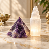 Crystal pyramid and selenite tower, decorative artwork