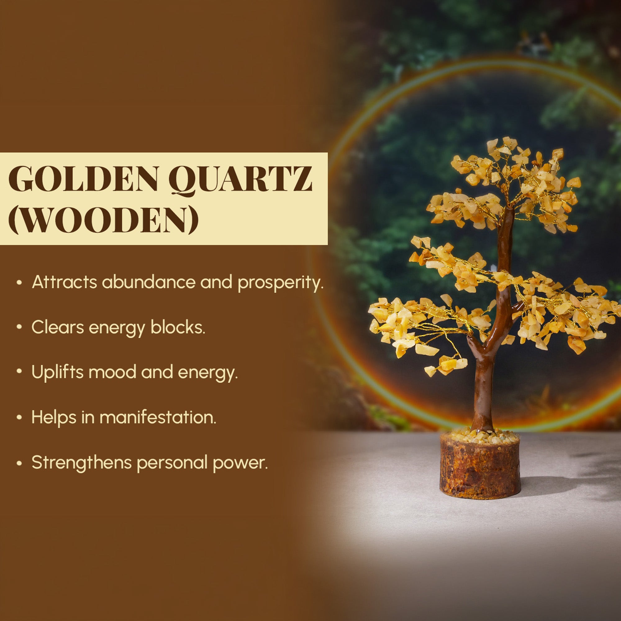Golden Quartz Crystal Tree – Wooden Base, for Vastu