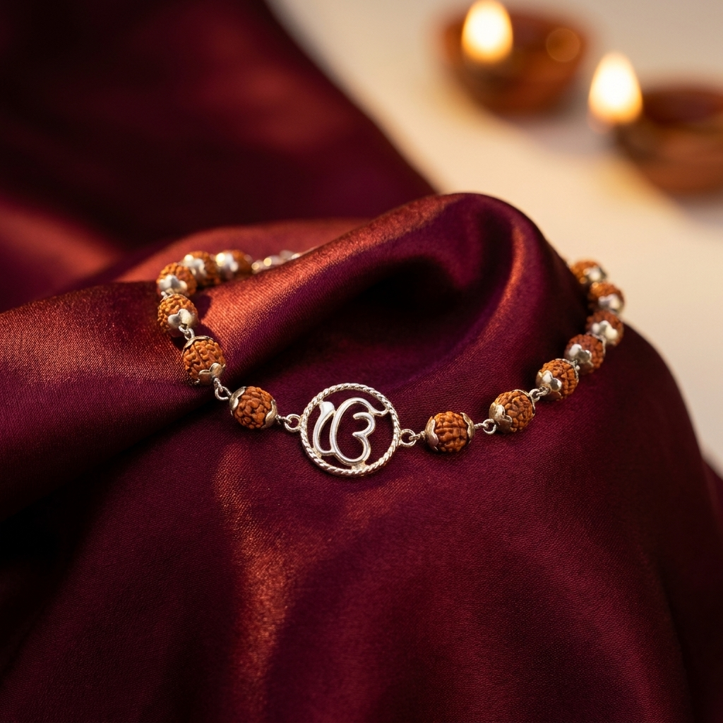 5 Mukhi Rudraksha Silver Onkar Kids Bracelet on maroon silk - GemsMantra
