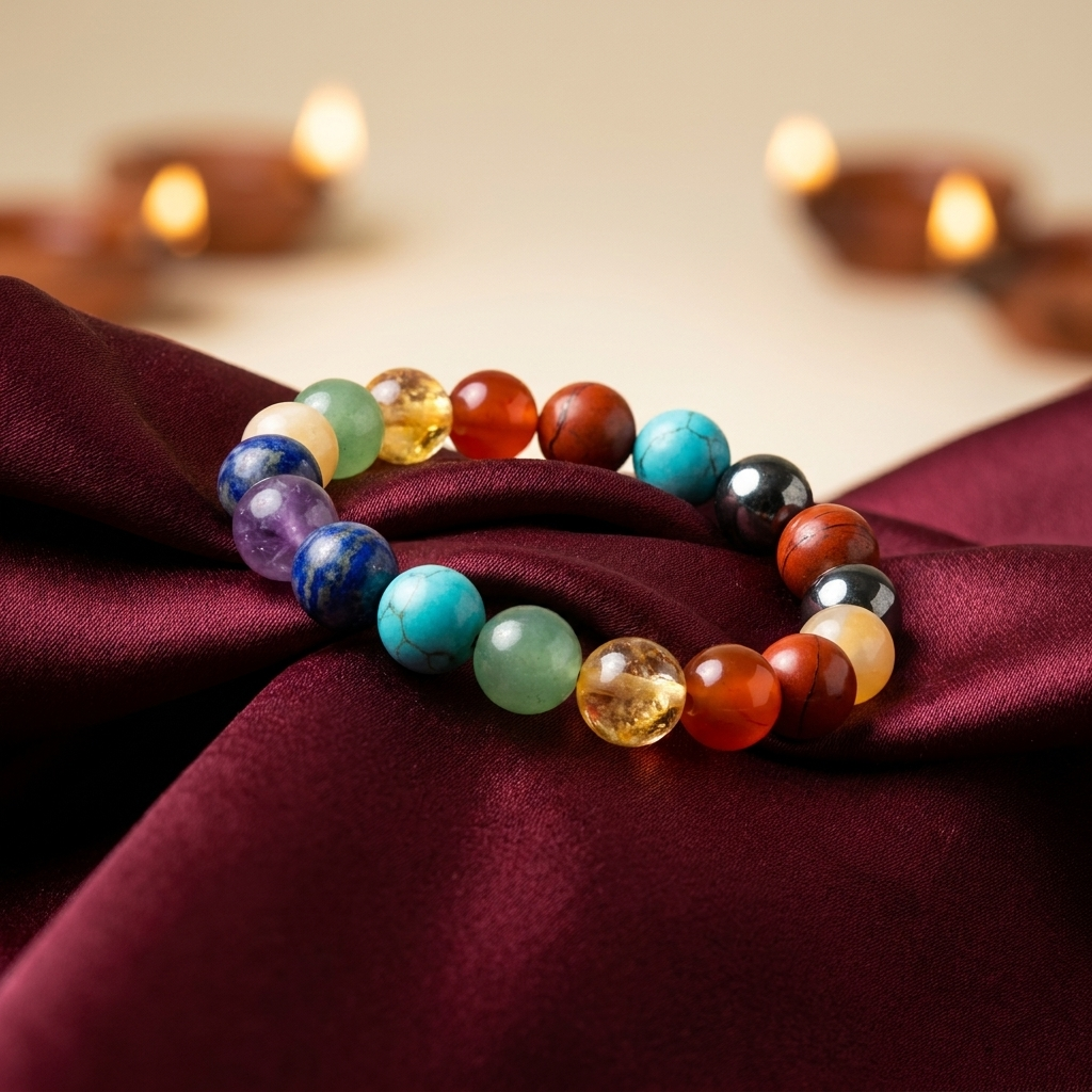 7 Chakra Bracelet on maroon silk - GemsMantra