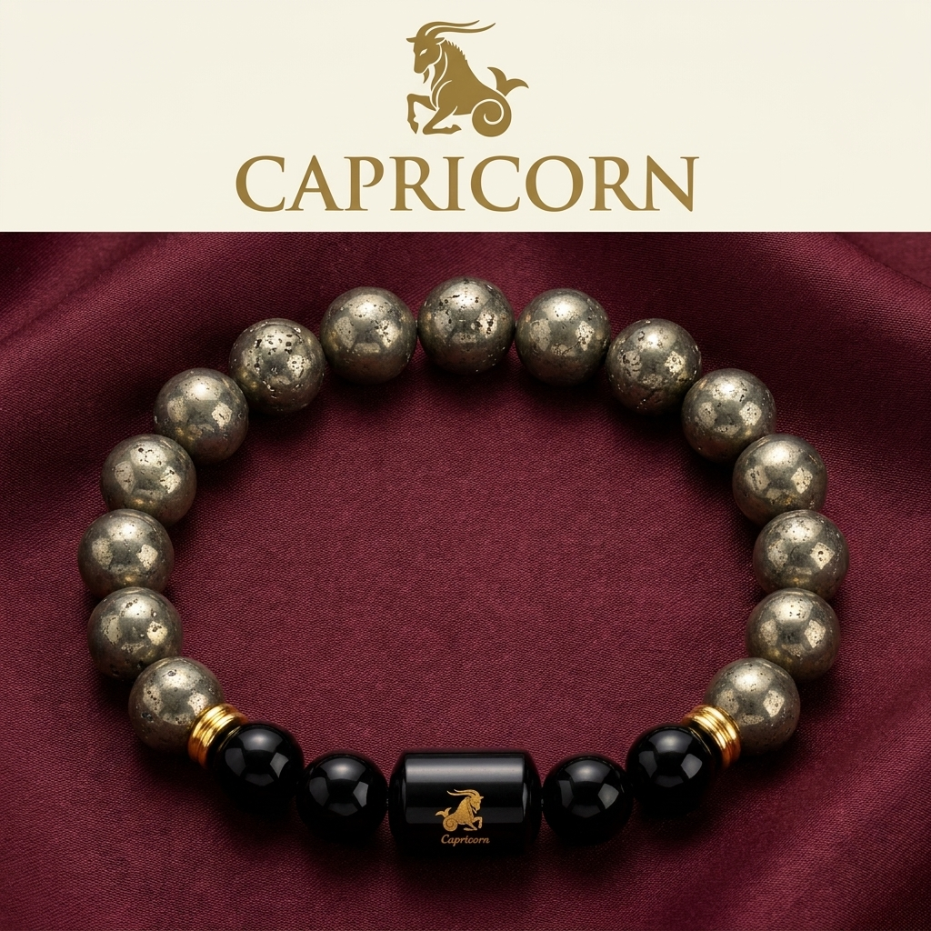 Capricorn Makar Rashi Bracelet - Pyrite Black Onyx - GemsMantra