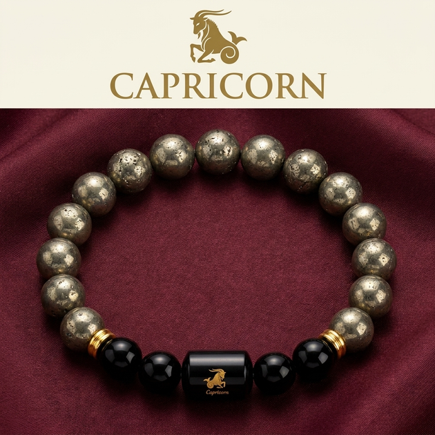 Capricorn Makar Rashi Bracelet - Pyrite Black Onyx - GemsMantra
