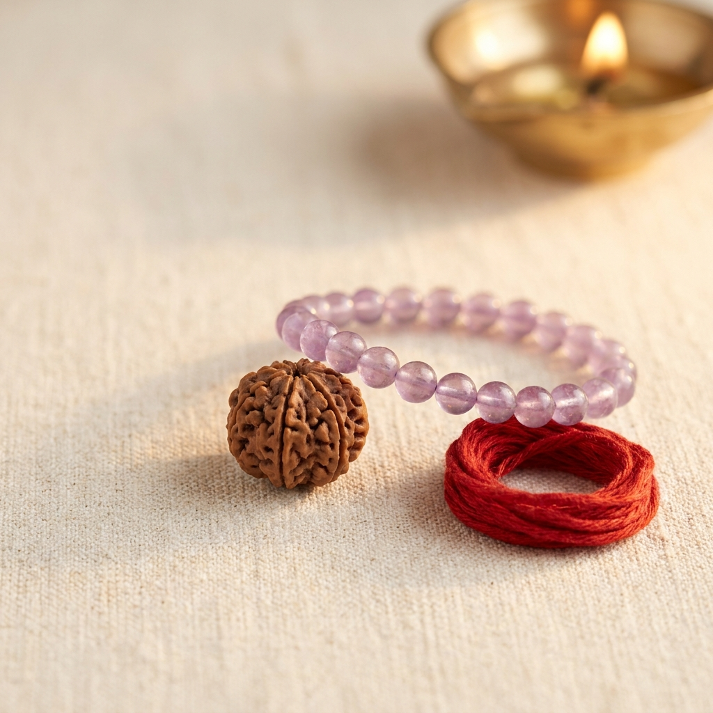 Prosperity & Peace Combo — 7 Mukhi Rudraksha & Amethyst Bracelet together