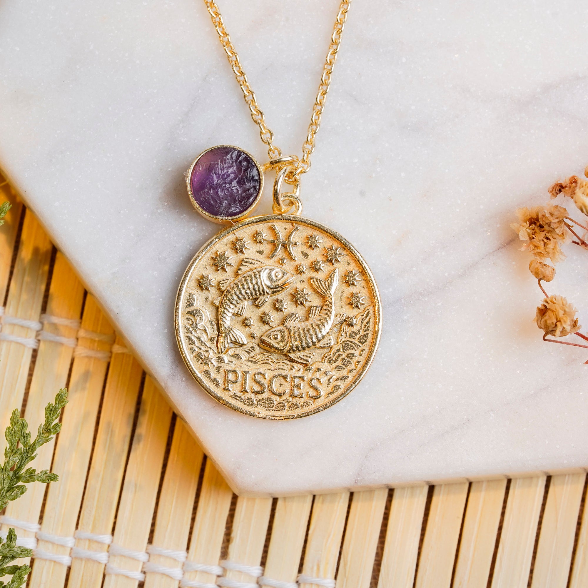 pisces zodiac pendant necklace amethyst birthstone charm