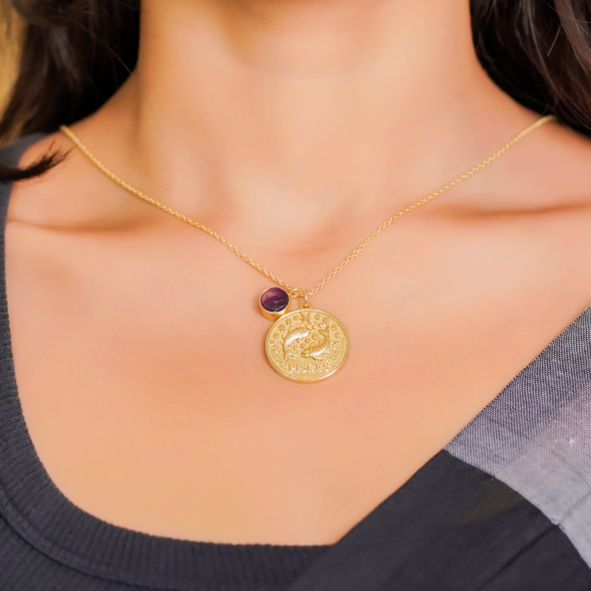 pisces zodiac pendant necklace amethyst birthstone charm