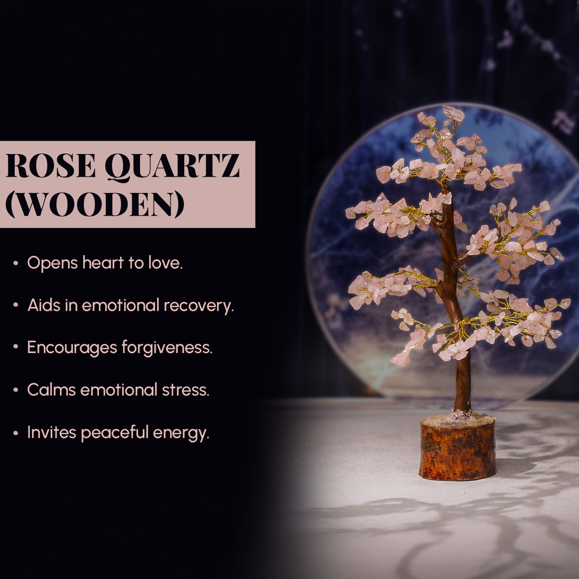 Rose Quartz Crystal Tree – Wooden Base, for Vastu