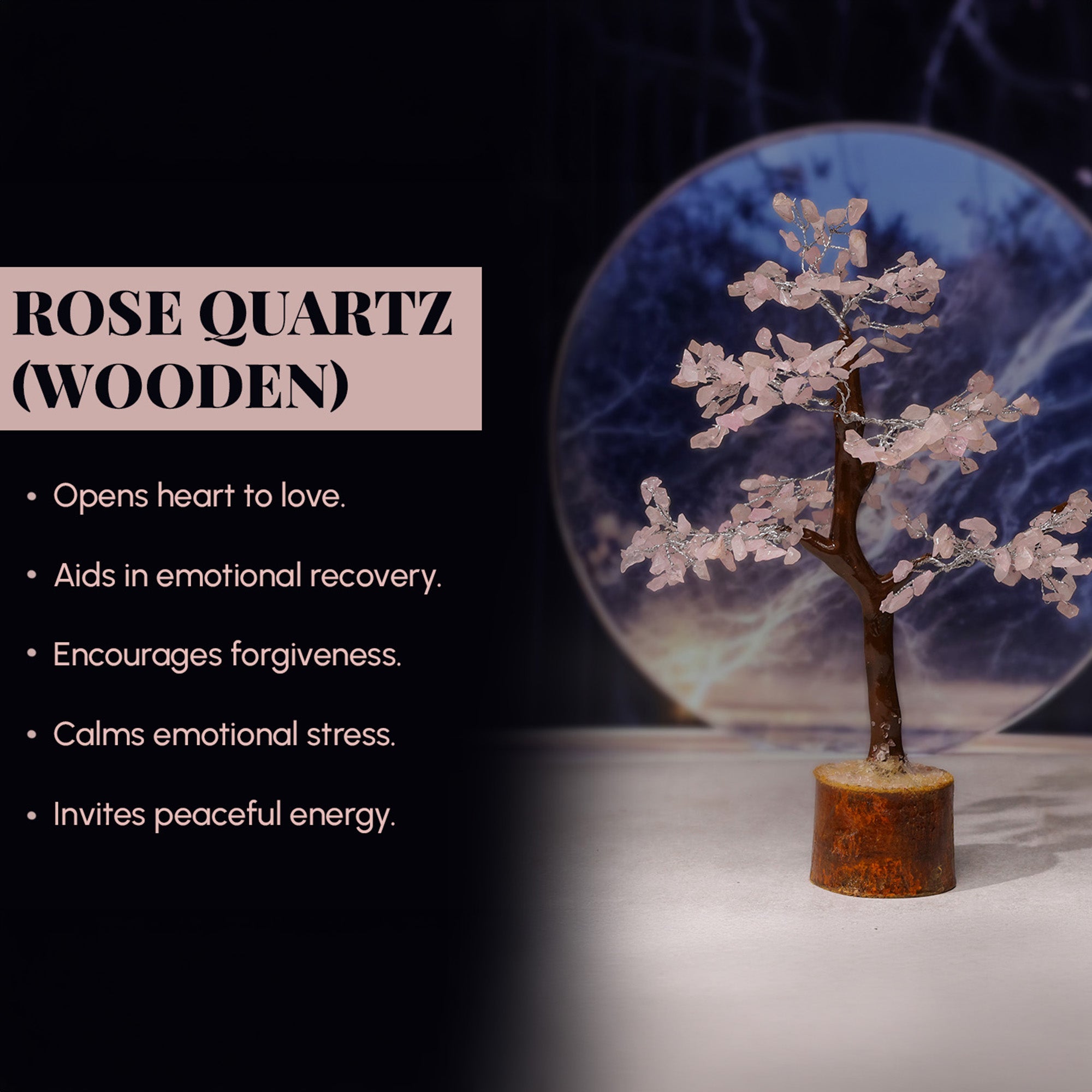 Rose Quartz Crystal Tree – Wooden Base, for Vastu