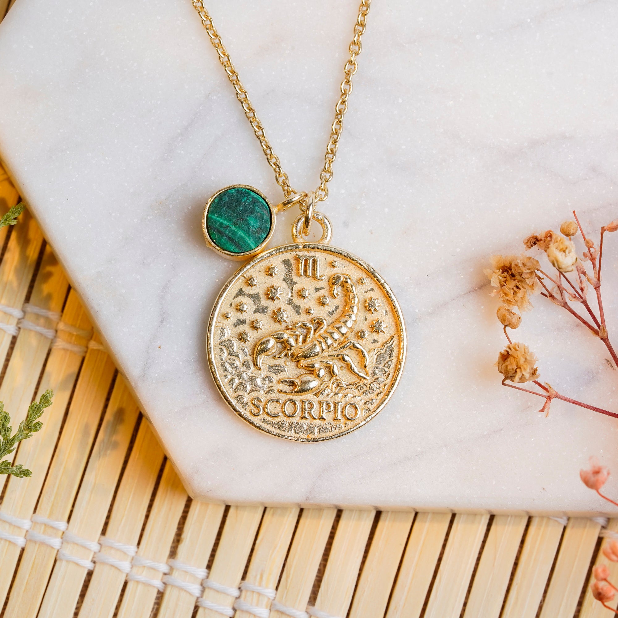 scorpio zodiac pendant necklace malachite birthstone charm