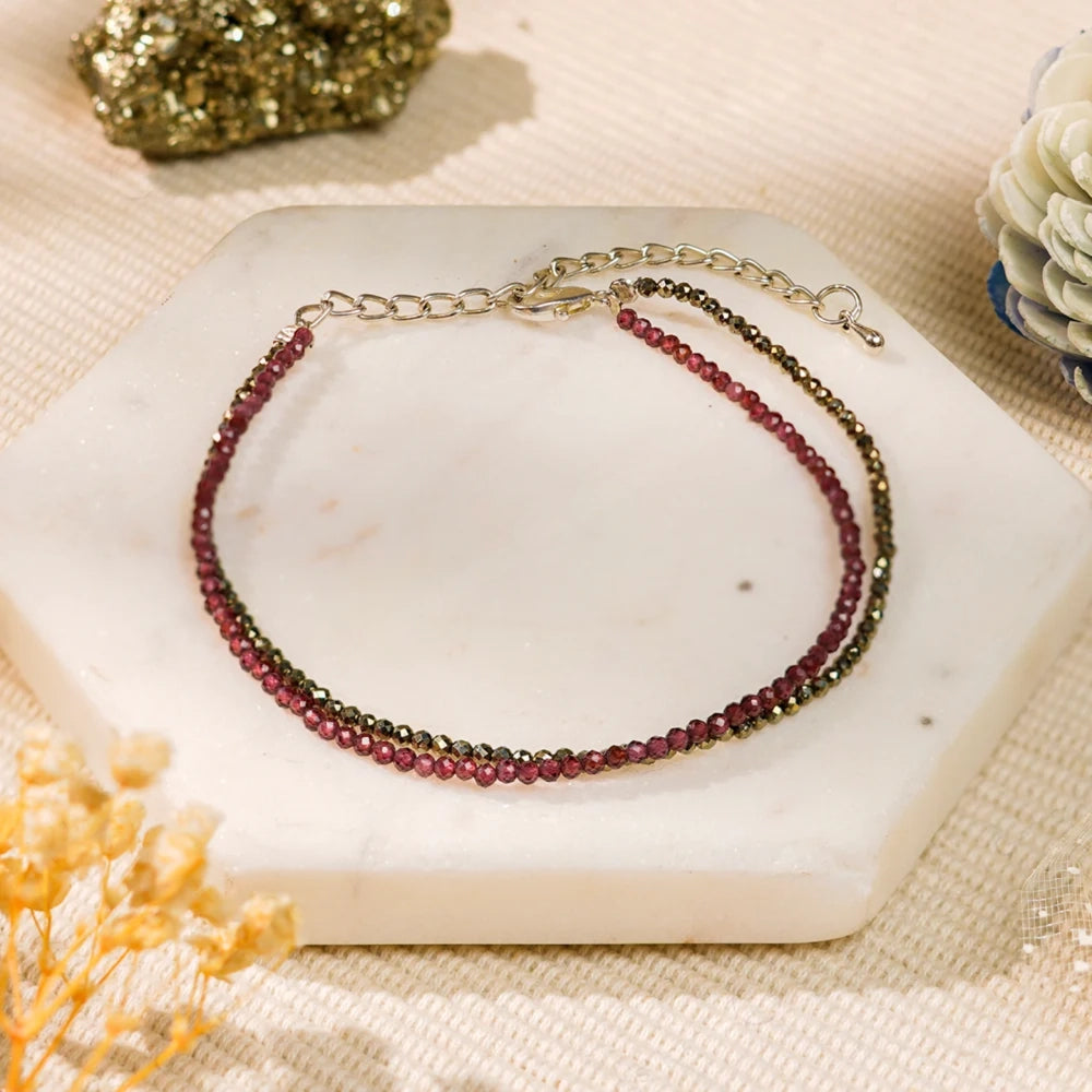 Wealth & Love Anklet – Natural Pyrite & Garnet